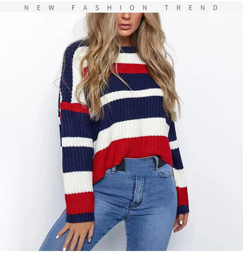 New Women's Clothing Is Simple Loose Multi-color Stripes and Knitted Sweaters Comfortable Casual