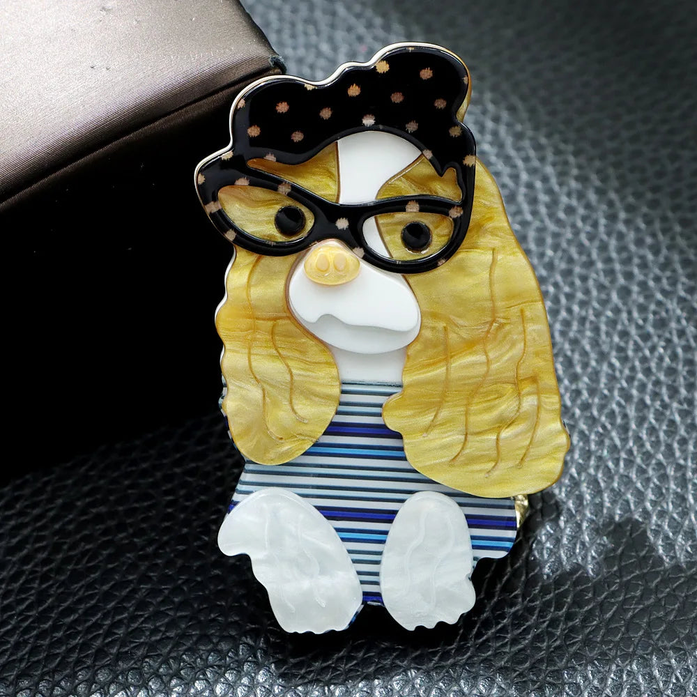fashion cute wearing glasses acrylic dog brooch women clothing accessories