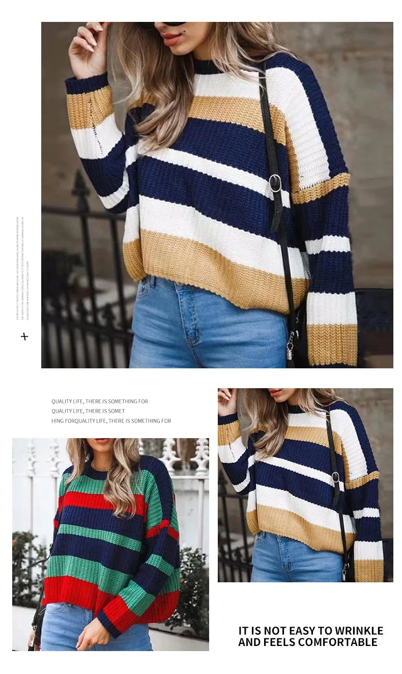 New Women's Clothing Is Simple Loose Multi-color Stripes and Knitted Sweaters Comfortable Casual