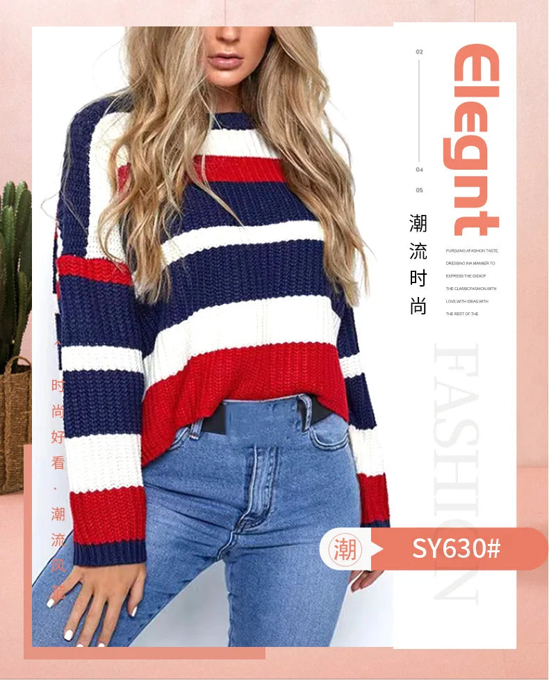 New Women's Clothing Is Simple Loose Multi-color Stripes and Knitted Sweaters Comfortable Casual
