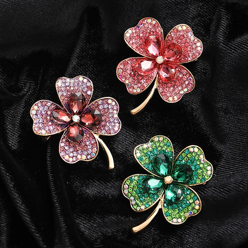 Hot Sale Fashion Rhinestone Clover Brooches Women Clothing Coat Jewelry Party Accessories