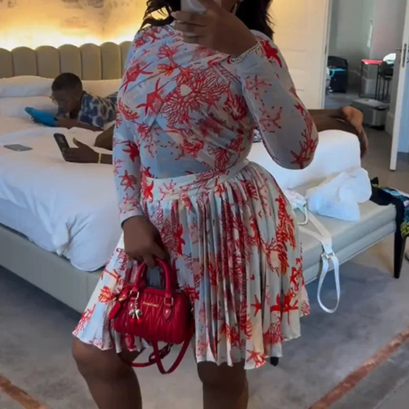 Women Clothing 2 Pieces Print Long Sleeve Shirt Top and Pleated Mini Skirt Luxury Fashion Wear Elegant Party Birthday Dress Set