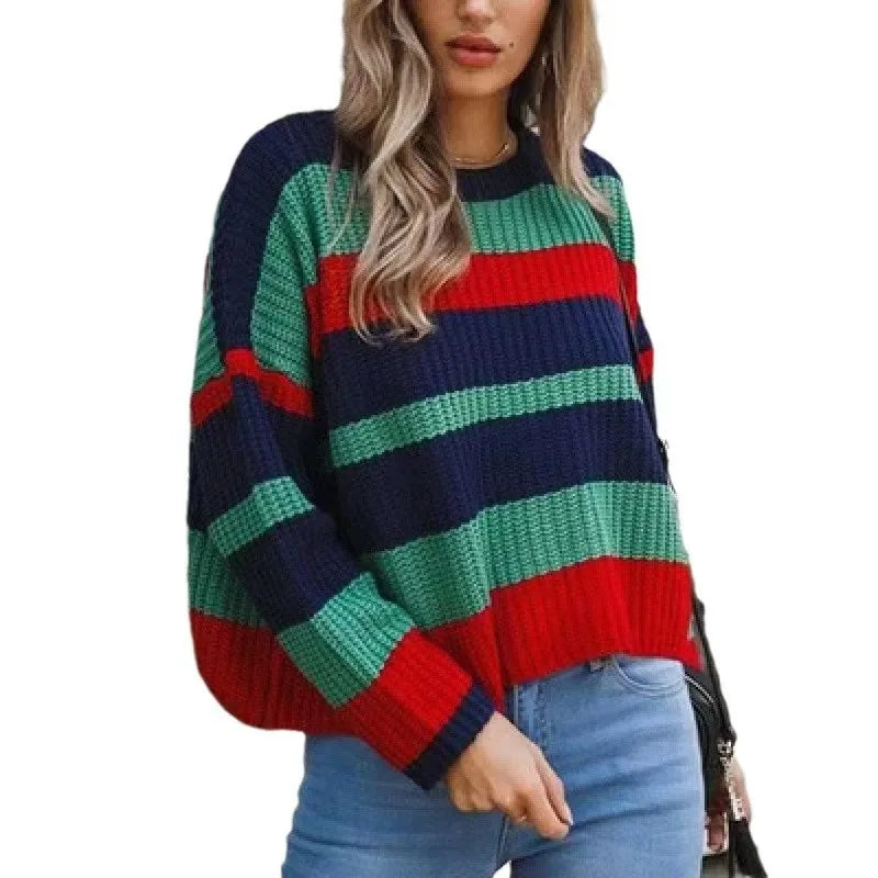 New Women's Clothing Is Simple Loose Multi-color Stripes and Knitted Sweaters Comfortable Casual