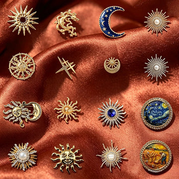 Vintage Sun Moon Star Brooches Alloy Crystal Pins Badge for Women Clothing Accessories