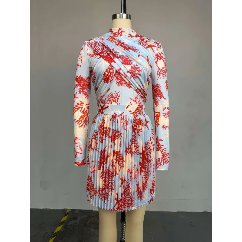 Women Clothing 2 Pieces Print Long Sleeve Shirt Top and Pleated Mini Skirt Luxury Fashion Wear Elegant Party Birthday Dress Set