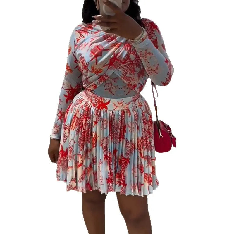 Women Clothing 2 Pieces Print Long Sleeve Shirt Top and Pleated Mini Skirt Luxury Fashion Wear Elegant Party Birthday Dress Set