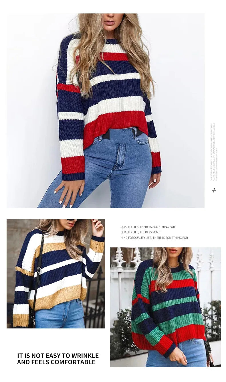 New Women's Clothing Is Simple Loose Multi-color Stripes and Knitted Sweaters Comfortable Casual
