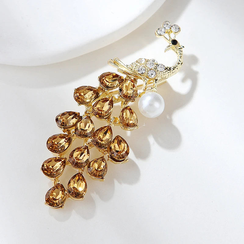Fashion Crystal Pearl Peacock Brooches For Women Clothing Coat Party Accessories Gifts