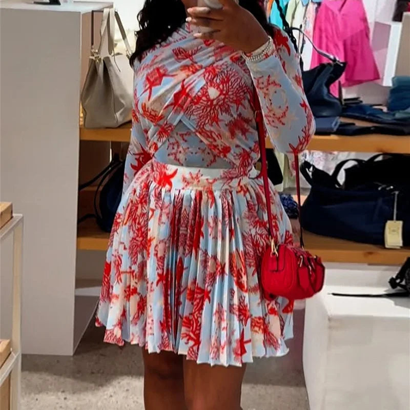 Women Clothing 2 Pieces Print Long Sleeve Shirt Top and Pleated Mini Skirt Luxury Fashion Wear Elegant Party Birthday Dress Set
