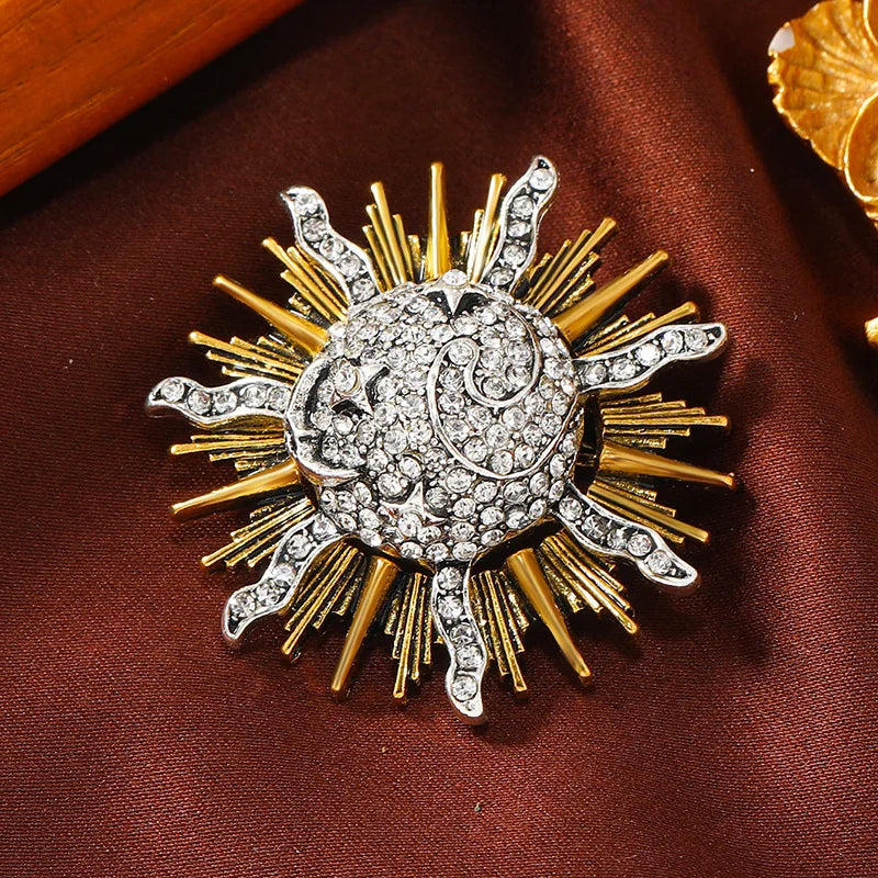 Vintage Sun Moon Star Brooches Alloy Crystal Pins Badge for Women Clothing Accessories