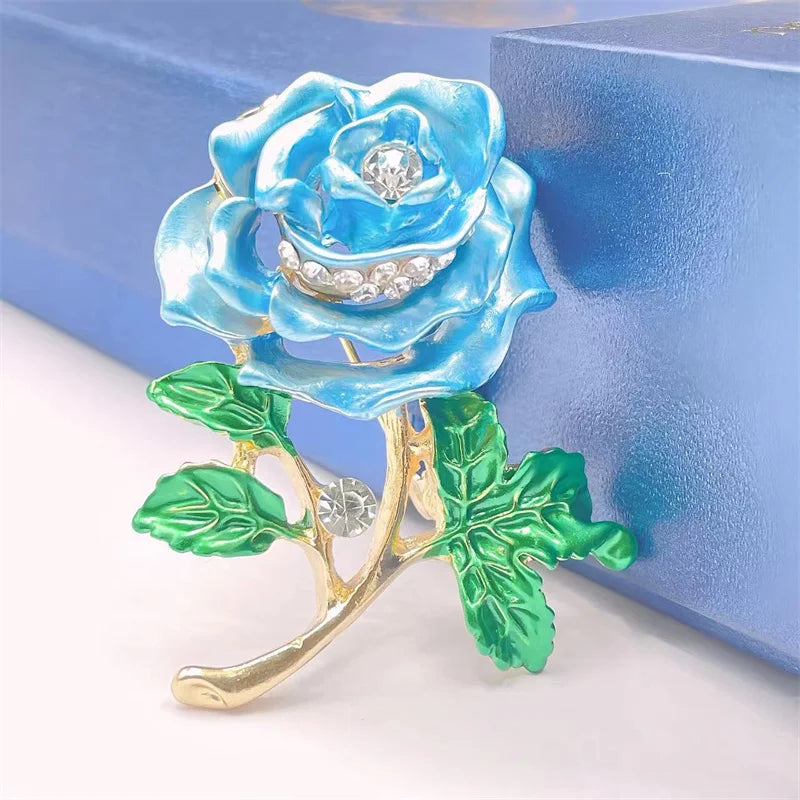 Enameled Red Blue Rose Flower Brooches Women Clothing Pin