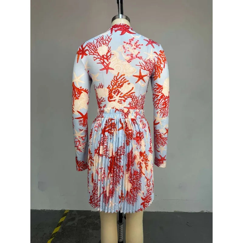 Women Clothing 2 Pieces Print Long Sleeve Shirt Top and Pleated Mini Skirt Luxury Fashion Wear Elegant Party Birthday Dress Set