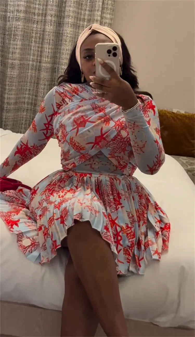 Women Clothing 2 Pieces Print Long Sleeve Shirt Top and Pleated Mini Skirt Luxury Fashion Wear Elegant Party Birthday Dress Set