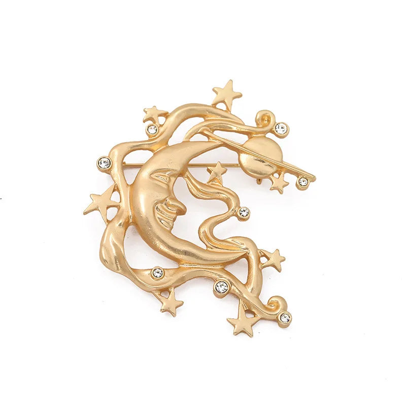 Vintage Sun Moon Star Brooches Alloy Crystal Pins Badge for Women Clothing Accessories