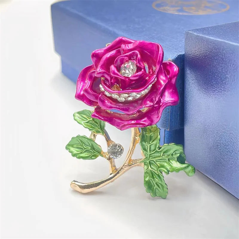 Enameled Red Blue Rose Flower Brooches Women Clothing Pin
