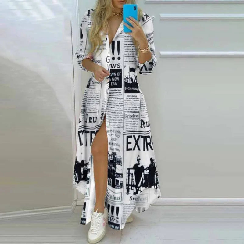 European And American Women's Clothing 2021 Autumn New Style Temperament Printed Shirt Lapel Single Breasted Long Irregular Wome