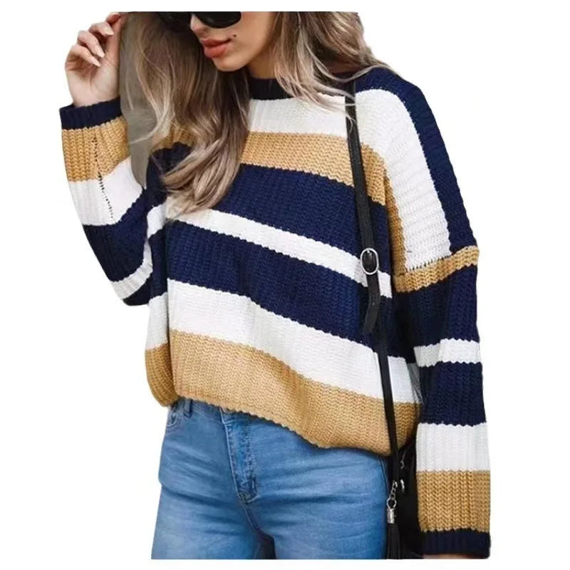 New Women's Clothing Is Simple Loose Multi-color Stripes and Knitted Sweaters Comfortable Casual