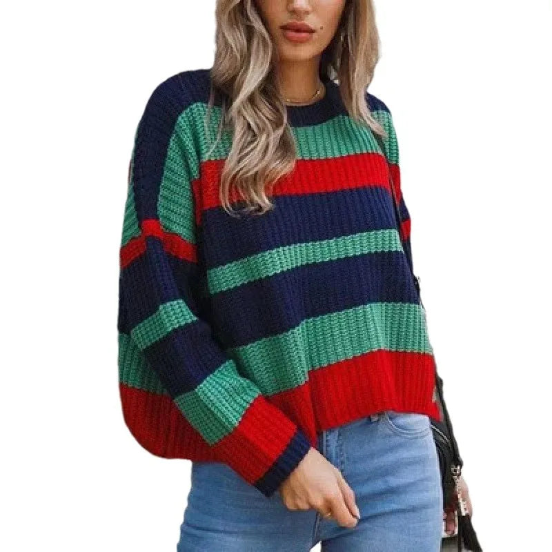 New Women's Clothing Is Simple Loose Multi-color Stripes and Knitted Sweaters Comfortable Casual