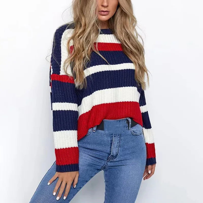 New Women's Clothing Is Simple Loose Multi-color Stripes and Knitted Sweaters Comfortable Casual