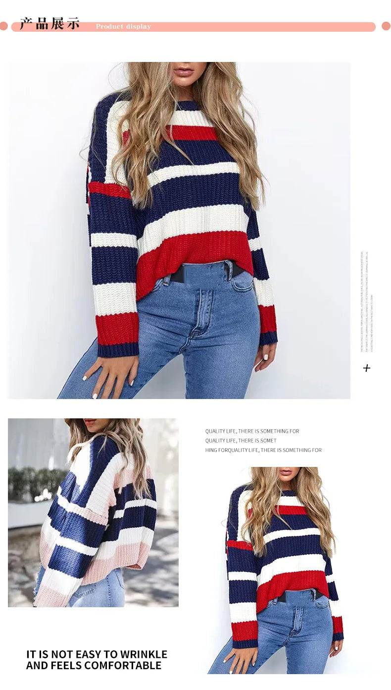 New Women's Clothing Is Simple Loose Multi-color Stripes and Knitted Sweaters Comfortable Casual